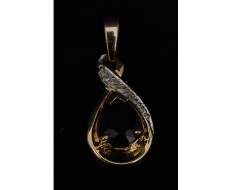 A new sapphire and diamond pendant, teardrop deep blue sapphire, wrapped within a ribbon frame, encrusted with three diamond 