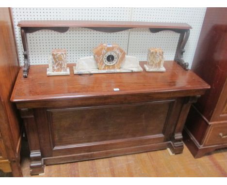 AN UNUSUAL LATE GEORGIAN MAHOGANY SIDE TABLE with shelf and scroll supports 155cm wide