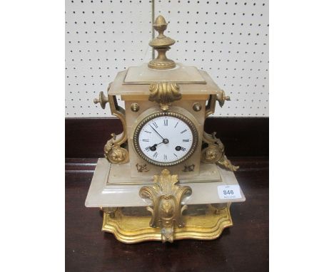 A VICTORIAN ALABASTER GILT BRASS MOUNTED MANTLE CLOCK on gilt wood base 37cm (h) x 27cm (w) x 14cm (d)