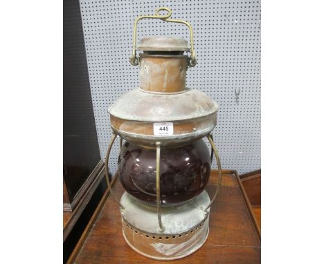 A GOOD VICTORIAN COPPER SHIPS LAMP with red glass shade