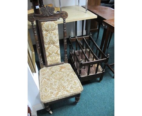 A LATE VICTORIAN ROSEWOOD BOBBIN TURNED NURSING CHAIR (A/F) together with a Georgian style mahogany Canterbury 20th Century (