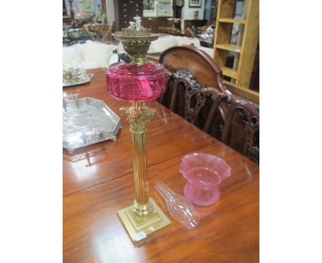 A GOOD VICTORIAN CORINTHIAN COLUMN BRASS LAMP with ruby bowl and etched shade