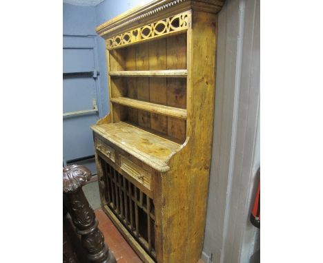 A GOOD VICTORIAN PINE OPEN DRESSER with pierced shelf and hen coop below 210cm (h) x 143cm (w)