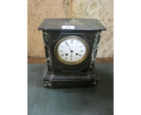 A VICTORIAN MAHOGANY SLATE AND MARBLE MANTLE CLOCK with circular white enamel dial