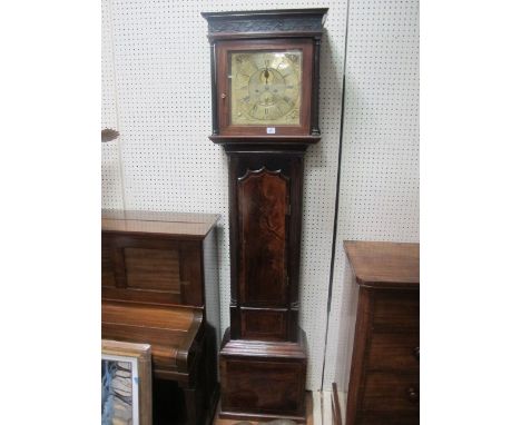 A GOOD GEORGIAN MAHOGANY BRASS DIAL LONG CASE CLOCK by "Troy of Dublin" in Chippendale case with blind fret carving and arche