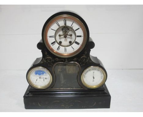 A GOOD VICTORIAN MARBLE CASED MANTLE CLOCK the circular dial above a barometer and secondary dial showing months of the year,