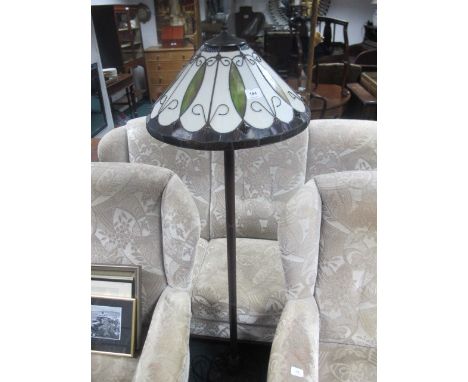 AN ART DECO STYLE STANDARD LAMP with bedded glass shade and moulded base 160cm high