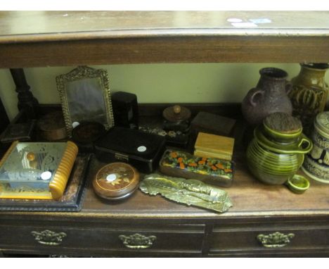 A MISCELLANEOUS COLLECTION to include glazed China vases, enamel top box, leather bound boxes, brass ware etc