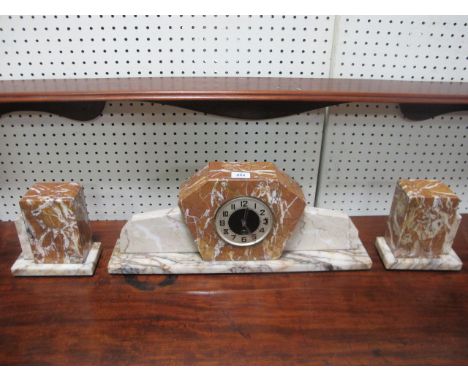 AN ART DECO STYLE MARBLE MANTLE SUITE the clock on rectangular mottled base