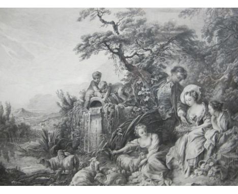THREE BLACK AND WHITE FRAMED PRINTS depicting figures in a landscape