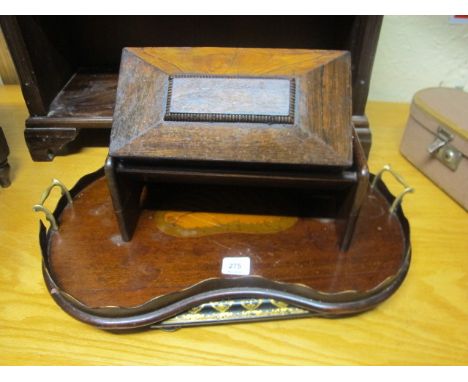 A MISCELLANEOUS COLLECTION to include a regency tea caddy, book trough, inlaid tray and lacquered stand (4)