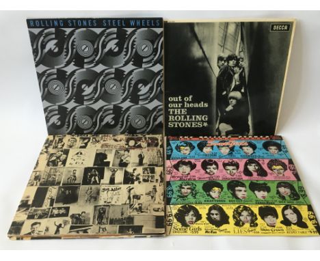 Four Rolling Stones LPs comprising 'Exile On Main Street', 'Out Of Our Heads', 'Some Girls' and 'Steel Wheels'. Condition Goo