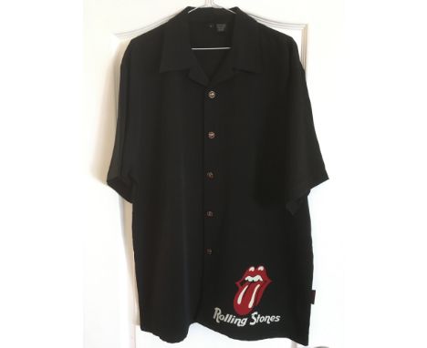 A Rolling Stones short sleeve shirt in black with 'lips' logo and the same on the buttons, size large.