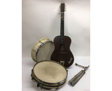 A circa 1950s parlour guitar, two vintage drums etc.