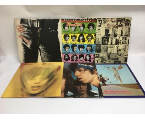 Six Rolling Stones LPs comprising 'Exile In Main Street', 'Sticky Fingers', 'Goat's Head Soup' and three others. Some early p