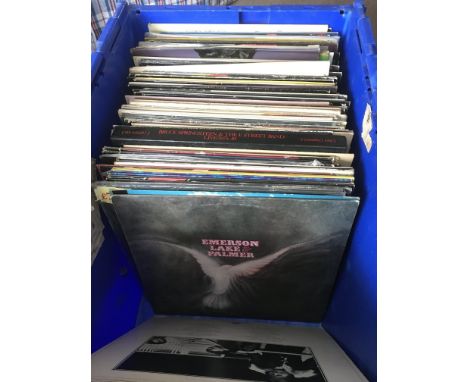 A collection of LPs by various artists including ELP, Bob Dylan, Fairport Convention, Kate Bush and others.