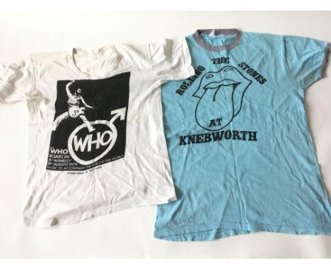 Two vintage band t shirts comprising The Rolling Stones at Knebworth 1976 and a limited edition of 100 for The Who at Wembley