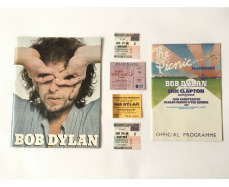 A Bob Dylan concert program and ticket for his 1978 appearance at Blackbushe Aerodrome, Surrey plus a further Dylan concert p