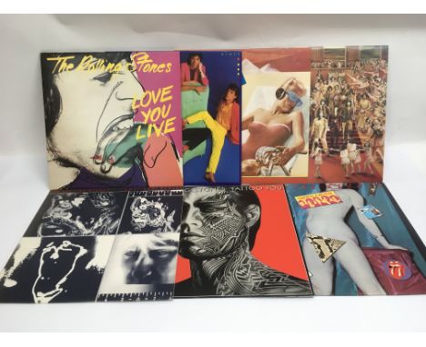 Seven Rolling Stones LPs from the 1970s including 'Emotional Rescue', 'It's Only Rock n Roll', 'Tattoo You' and others.