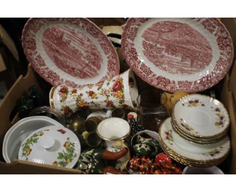 A TRAY OF CERAMIC VASES, PLATES, ORNAMENTS AND BRASS GOBLETS
