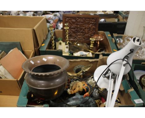 TWO TRAYS OF METALWARE ETC. TO INCLUDE AN ANGLEPOISE LAMP AND A CAST PUNCH AND JUDY