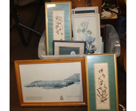 A QUANTITY OF PRINTS, PICTURES ETC. TO INCLUDE A PICTURE OF A PHANTOM F. G. R. 2  56 SQUADRON AEROPLANE