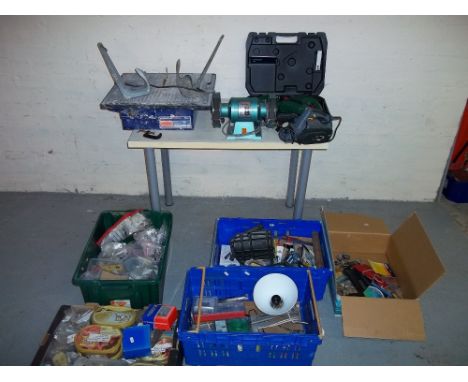 A SELECTION OF TOOLS TO INCLUDE TILE CUTTER, AN ELECTRIC GRINDER AND GROUND ANCHORS ETC.