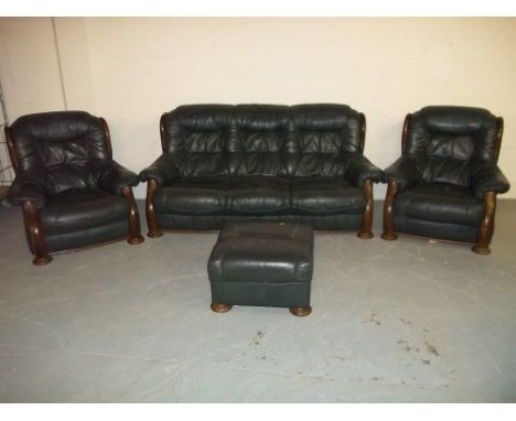 A THREE PIECE GREEN LEATHER SUITE AND POUFFE