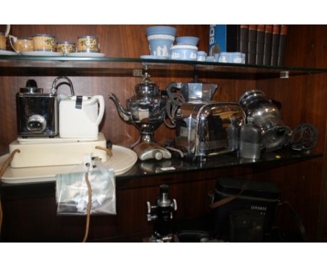 VINTAGE RETRO COLLECTABLES to include chrome samova, coffee perculator, bakelite tie press, A VINTAGE GOBLIN TEASMAID c.1955,