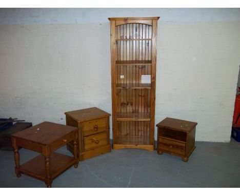 FOUR PINE ITEMS TO INCLUDE A TWO DRAWER CHEST, A BOOKSHELF, A LAMP TABLE WITH DRAWER ETC.
