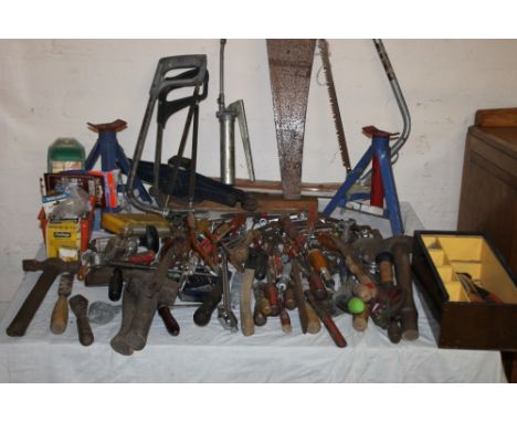 A SELECTION OF TOOLS TO INCLUDE AXLE STANDS ETC.