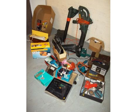 A SELECTION OF TOOLS TO INCLUDE A DAB RADIO, A LEAFBLOWER, A HEDGE TRIMMER AND A TYRE INFLATOR ETC.