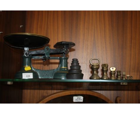 A SET OF VINTAGE SCALES AND TWO SETS OF WEIGHTS