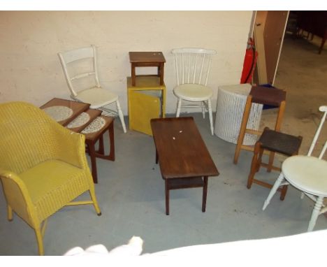 A SELECTION OF VINTAGE CHAIRS AND TABLES TO INCLUDE, A LOOM CHAIR, A LINEN BOX AND A NEST OF TABLES  (11)