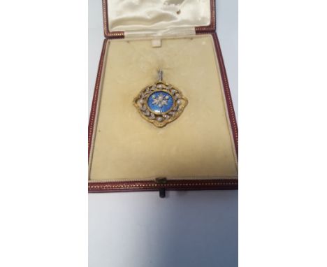 A DIAMOND PEARL AND GUILLOCHE ENAMEL PIERCED PENDANT, the central panel being light blue enamel and surrounded by a channel o