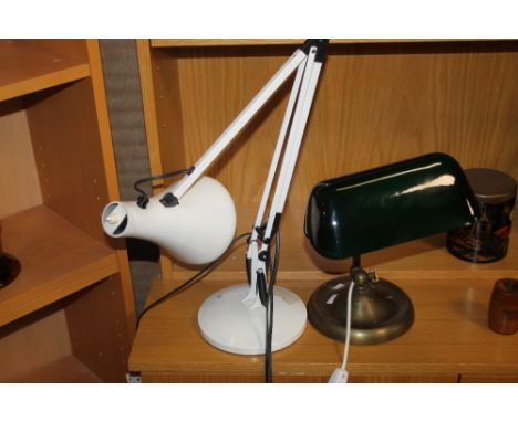 A VINTAGE ANGLE POISED LAMP TOGETHER WITH A BANKERS LAMP