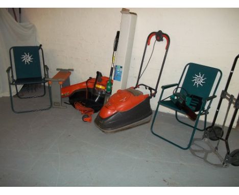 A SELECTION OF GARDEN TOOLS TO INCLUDE A FLYMO MOWER, A LEAFBLOWER, TWO FOLDING CHAIRS, A HEDGE TRIMMER, AN ELECTRIC BOSCH CH