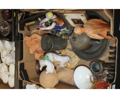 A TRAY OF SUNDRIES TO NCLUDE CERAMIC FIGURES, TEAPOTS ETC.
