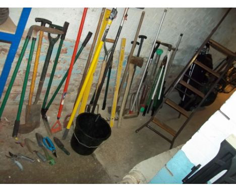 A LARGE SELECTION OF GARDEN TOOLS TO INCLUDE A BELDRAY STEP LADDER AND A 4 LB AXE