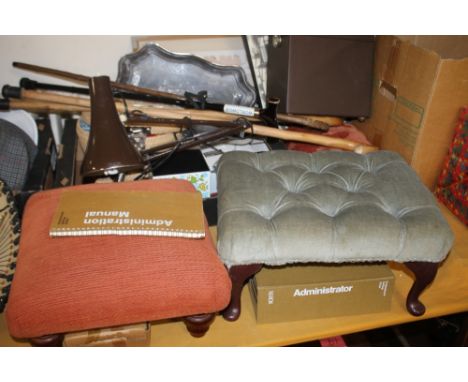 A QUANTITY OF ASSORTED ITEMS TO INCLUDE FOOTSTOOLS, ANGLE POISE LAMP, WALKING STICKS ETC.