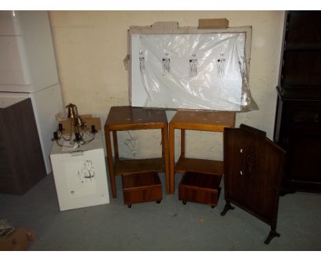 A SELECTION OF SIX HOUSEHOLD ITEMS TO INCLUDE A CHANDELIER, TWO TABLES, A FIREGUARD AND A 600W HEATER