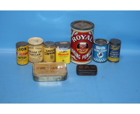 A SMALL COLLECTION OF VINTAGE CONDIMENTS IN ORIGINAL PACKAGING AND EMPTY TINS TO INCLUDE COLMAN'S MUSTARD, BIRD'S BAKING POWD