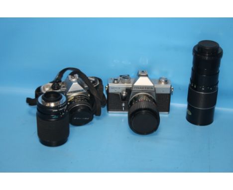 A PRAKTICA MTL3 CAMERA TOGETHER WITH A PENTAX ME SUPER, A TOKINA 70 - 210 MM LENS AND A MIRAGE ZOOM 100 - 200 MM LENS