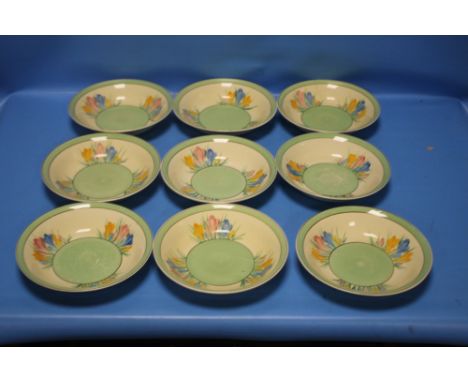 NINE CLARICE CLIFF BOWLS SOME CHIPPED One bowl has a couple of cracks, one has a chip to the lip, another has a crack and cra