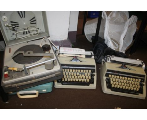 THREE ADLER VINTAGE TYPEWRITERS, PHILIPS RECORD DECK ETC.