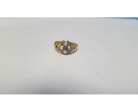 A VINTAGE PEARL AND DIAMOND RING, in unmarked yellow metal. Approx. weight 2.1 g, ring size J
