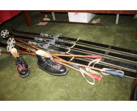 TWO PAIRS OF VINTAGE SNOWSPORT TELEMARK SKIS TOGETHER WITH TWO SETS OF SKI POLES AND A PAIR OF SKI BOOTS SIZE 9½