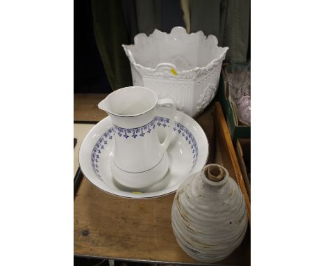 A CERAMIC JUG AND BOWL, LARGE PLANTER ETC.
