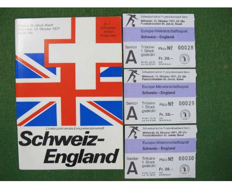 1971 Switzerland v. England, three consecutive football tickets 00028 to 00030 plus programme for the game at St. James Stadi