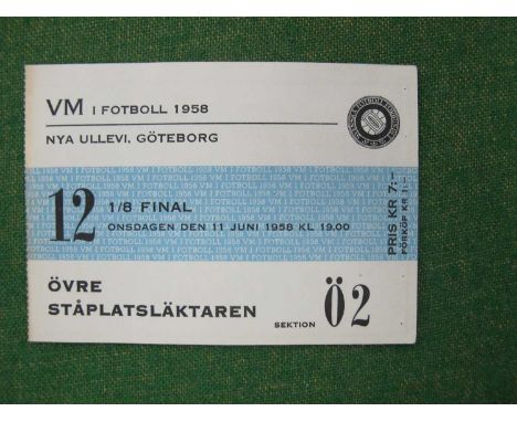 1958 World Cup England v. Brazil, ticket for the group game at Gothenburg, dated 11th June 1958. The game finished 0 - 0.